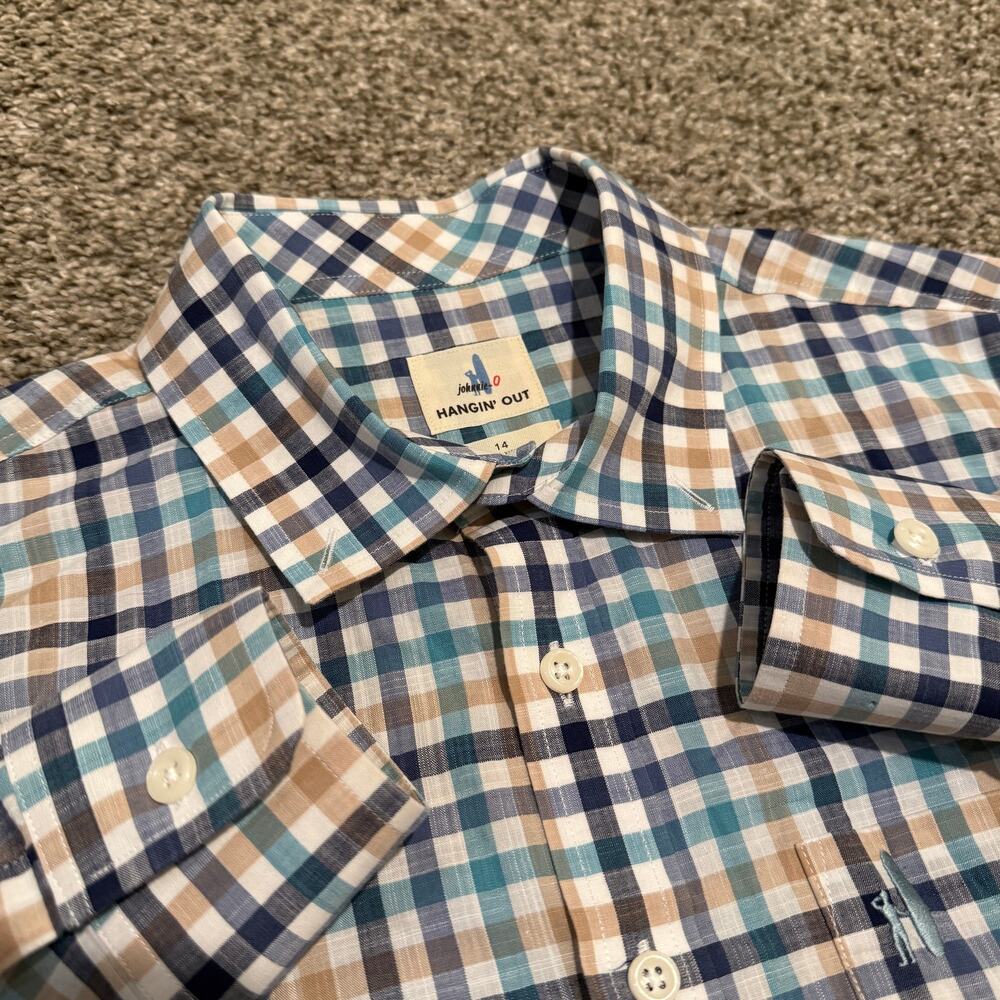 johnnie-O Hangin Out Button Down Shirt Boys 14 Niagara Blue Gingham JBWL5230